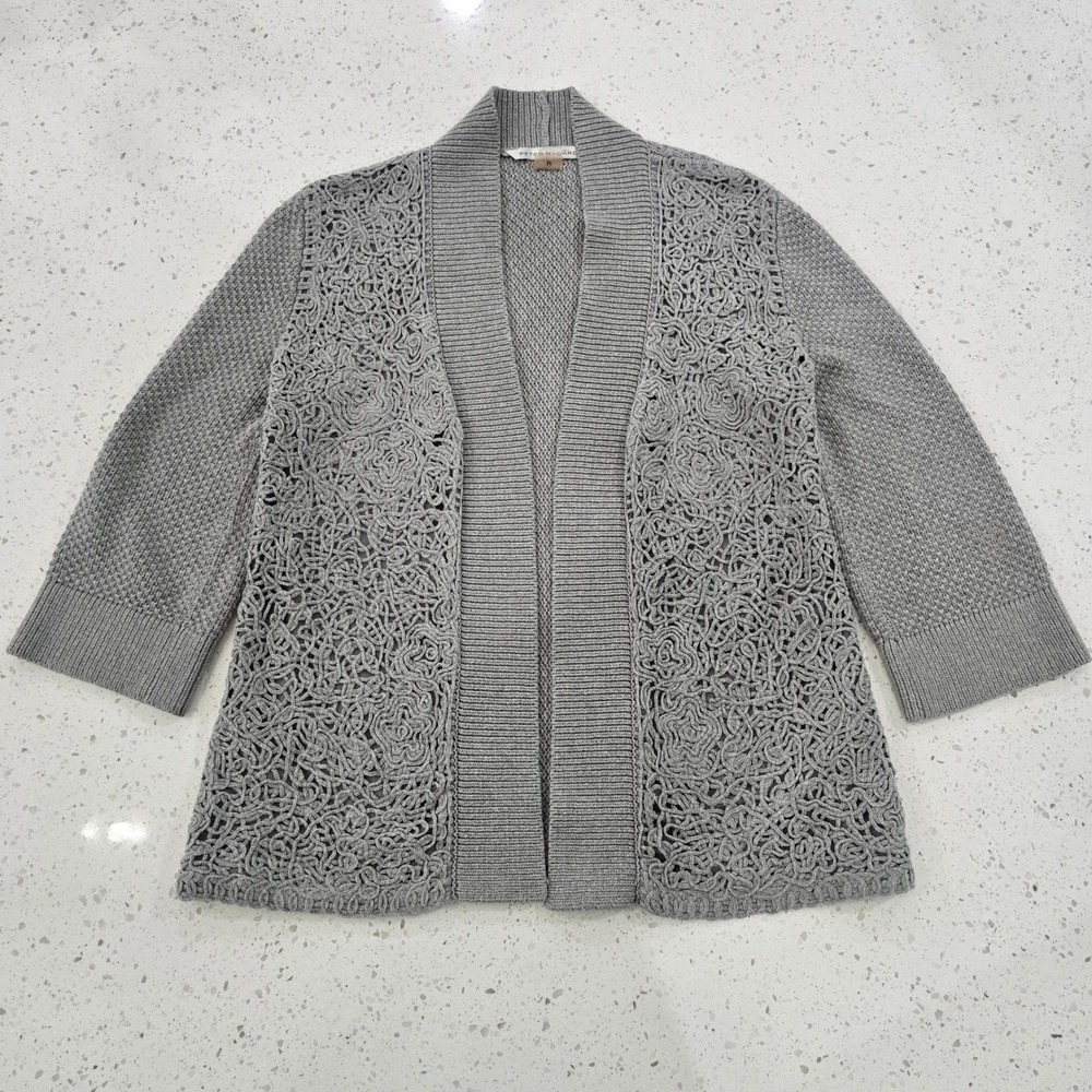 Peter Nygard Gray Crochet Lace Cardigan Womens Medium Boho Romantic 3/4 Sleeve